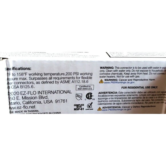 Eastman Ice Maker Connector 5 Ft Length 1/4" Inlet #0247027 Stainless Steel NEW - Picture 6 of 6